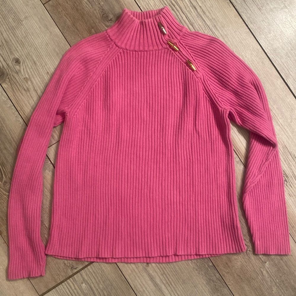 Ralph Lauren Pink Ribbed Cowl Neck Sweater with Gold Button Detail